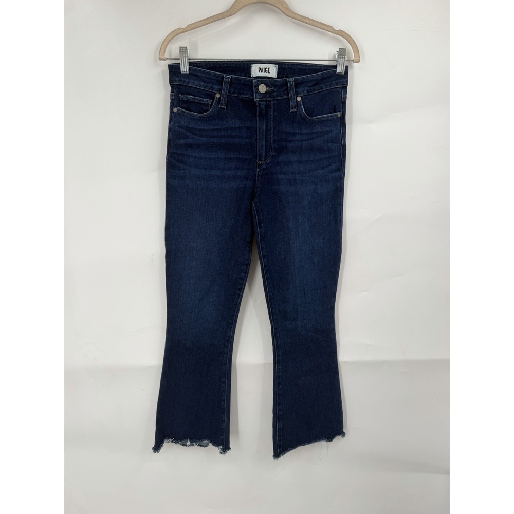 PAIGE Rory Crop Flare Jeans Women 28 Abilene Dark Wash Raw Hem Stretch Denim